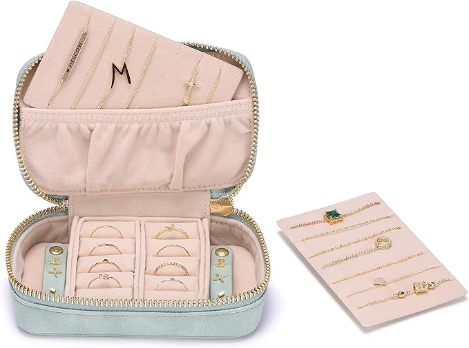 HISCOW Vegan Leather Travel Jewelry Case with Zipper - Portable Necklace & Earring Holder Organizer for Women Girls, Velvet-Lined Ring Box with Anti-Tarnish Design, Light Green
