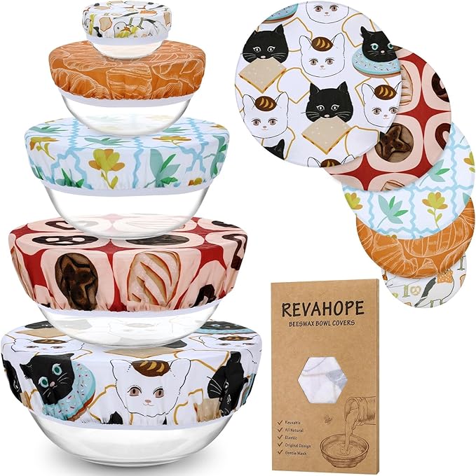 5-Size Reusable Beeswax Bowl Covers for Bread Proofing, Cotton Cloth Flexible Beeswax Wraps for Food Storage(Toast Cat)