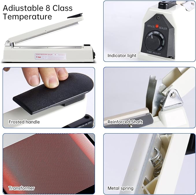 Impulse Heat Sealer with Seal bar, Heavy-Duty Bag Sealing & Cutting Machine, 2 Extra Replacements (white, 12inch)