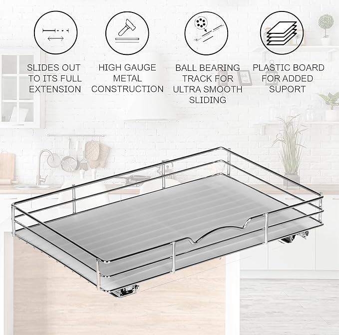 Pull-Out Cabinet Spice Rack Organizer - Slim Slide-Out Storage for Spices, Bottles & Jars, Premium Heavy-Duty Steel, Easy Install for Narrow Kitchen Cabinet - 16 ⅜ W x 10 ½ D x 2 ¾ H, Chrome