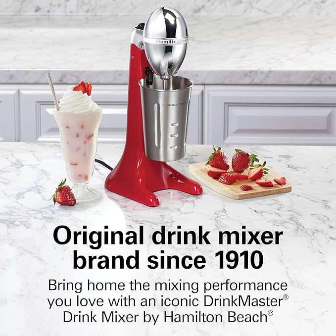 Hamilton Beach DrinkMaster Electric Drink Mixer, Retro Milkshake Maker & Milk Frother, 2 Speeds, Extra-Large 28 oz. Stainless Steel Cup, Red