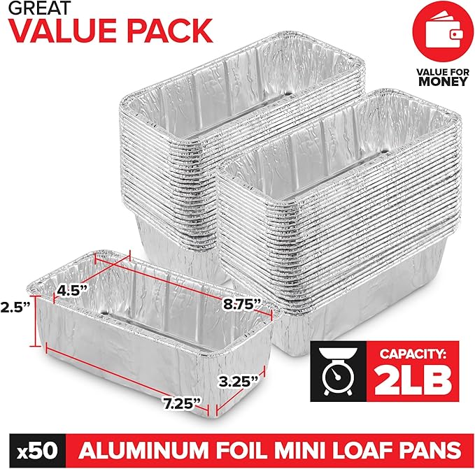 Stock Your Home 2 Lb Aluminum Foil Mini Loaf Pans (50 Pack) Disposable Small Loaf Pan – 2 Pound Baking Tin Liners, Perfect to Bake Cakes, Bread Loaves, and Meat - 8.5 x 4.5 x 2.5