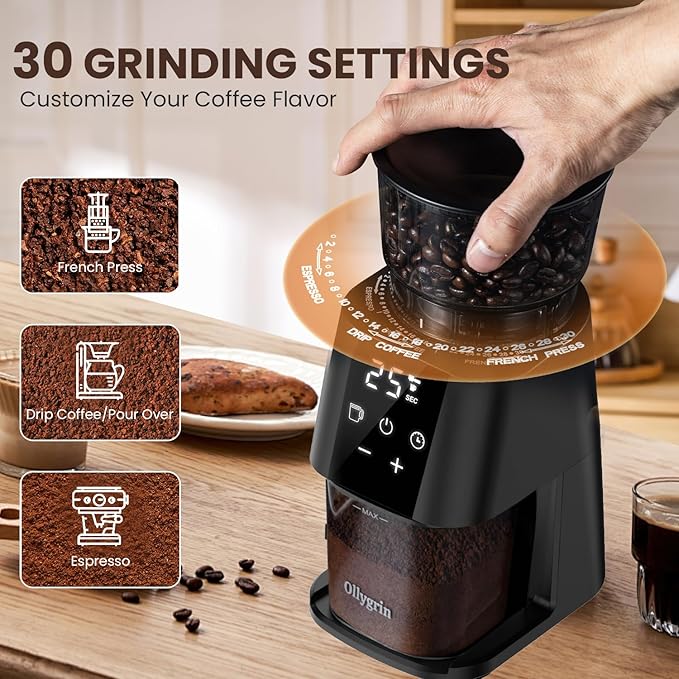 Ollygrin Conical Burr Coffee Grinder Electric, Adjustable Coffee Grinder for Home Use, Touchscreen Burr Mill Grinder with 30 Grinding Sizes, 2-12 Cups for French Press & Drip Coffee