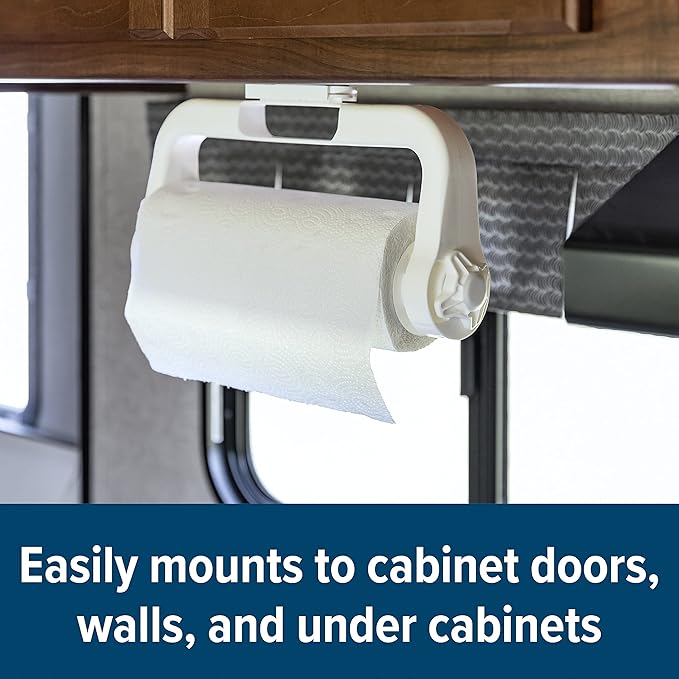 Camco Paper Towel Holder | Ideal for Compact Areas | Features Mountable Design and Adjustable Side Knob | Black (57115)