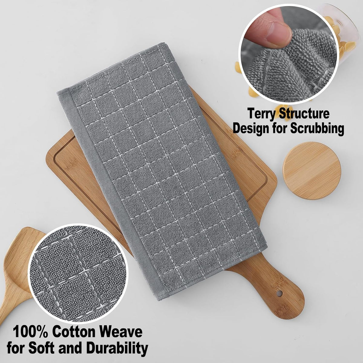 Homaxy 100% Cotton Terry Kitchen Dish Cloths, Ultra Soft and Absorbent Dish Towels for Kitchen, Suitable for Drying and Washing Dishes, 12 Pack, 12 x 12 Inches, Grey