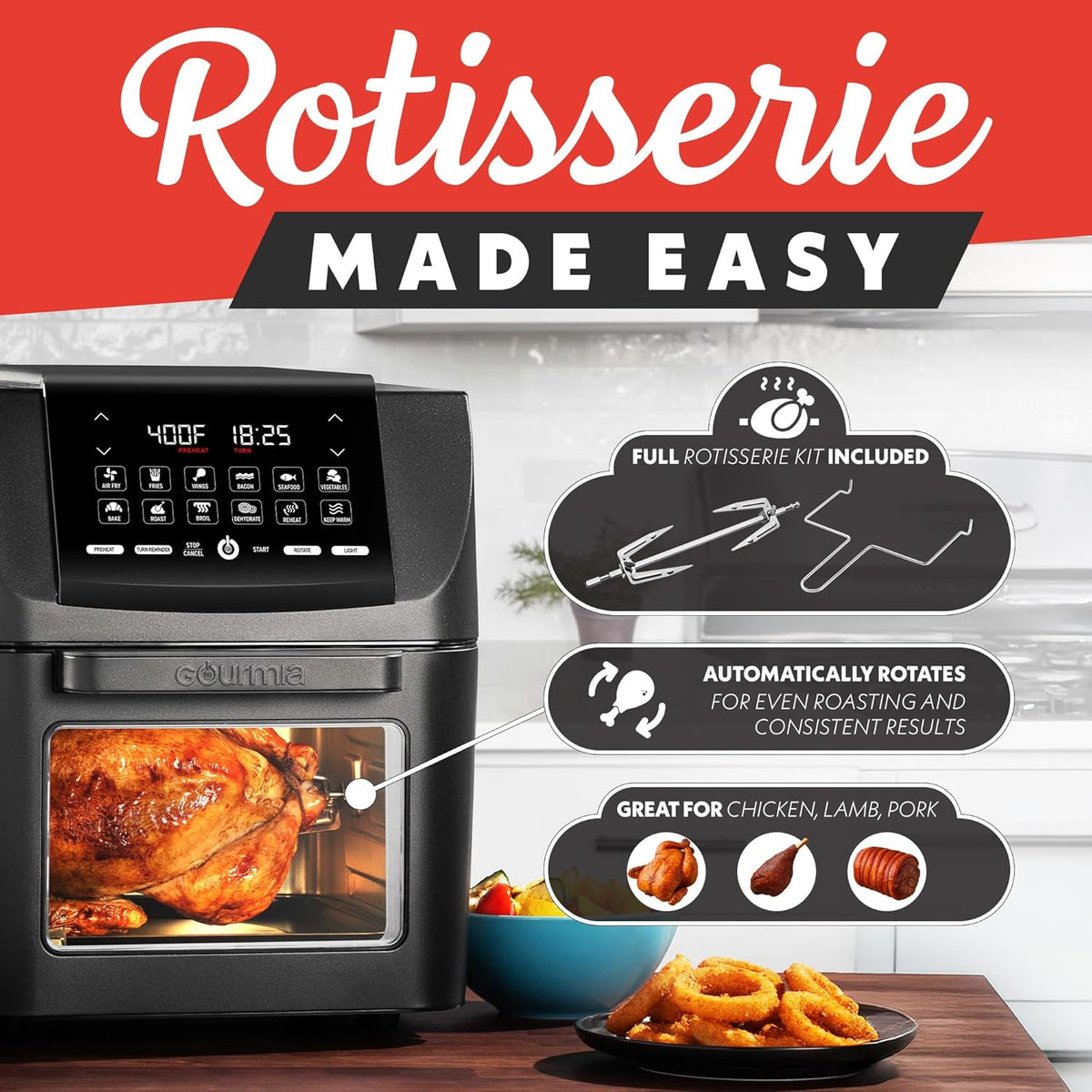 Gourmia Air Fryer Toaster Oven Combo - All-in-One 14-Quart Digital Air Fryer Toaster Oven with Rotisserie & Dehydrator – 12 Presets, Guided Cooking Prompts, 1750W, Dishwasher-Safe Accessories