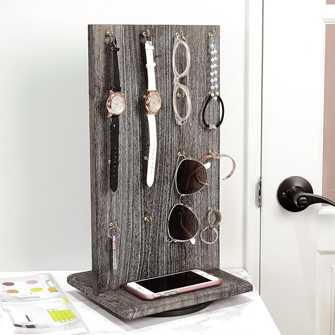 Ikee Design Wooden Rotating Two-Sided Jewelry Display Stand, Rotating Organizer with 32 Hooks for Store, Keychain Earring Display with Hooks, Coffee color, 9 W x 7.5 D x 16.5 H in