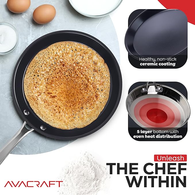 AVACRAFT 10 inch (9.4”) Nonstick Ceramic Coating Stainless Steel Crepe Pan, Tawa, Dosa Tortilla Pan, Compatible with All Stovetops, PFOA, PTFE Toxin Free