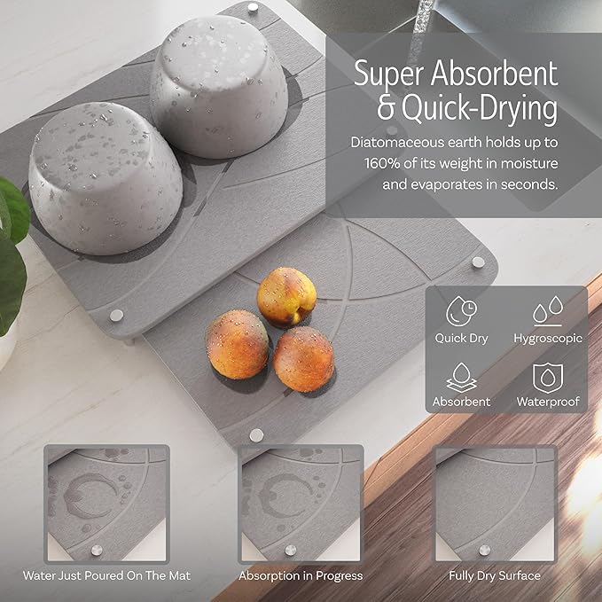Large Stone Drying Mat for Kitchen Counter | 15.8” x 11.8” Dish Drying Mat Large | Diatomaceous Earth Collapsible Stone Dish Drying Mat | Collapsible Stone Mat for Kitchen Counter (Light Gray)