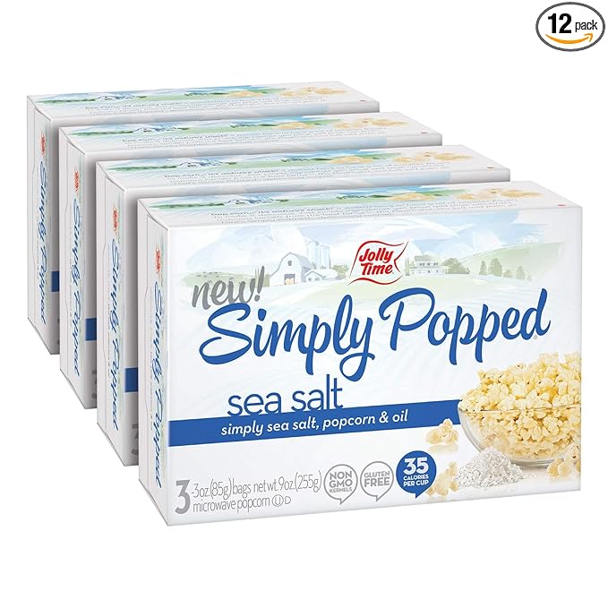 Jolly Time Simply Popped, Vegan, Dairy Free Microwave Popcorn, 3oz Sharing Bag, 3 Bags Per Carton (Simply Popped Sea Salt, 3 Ounce (Pack of 12))