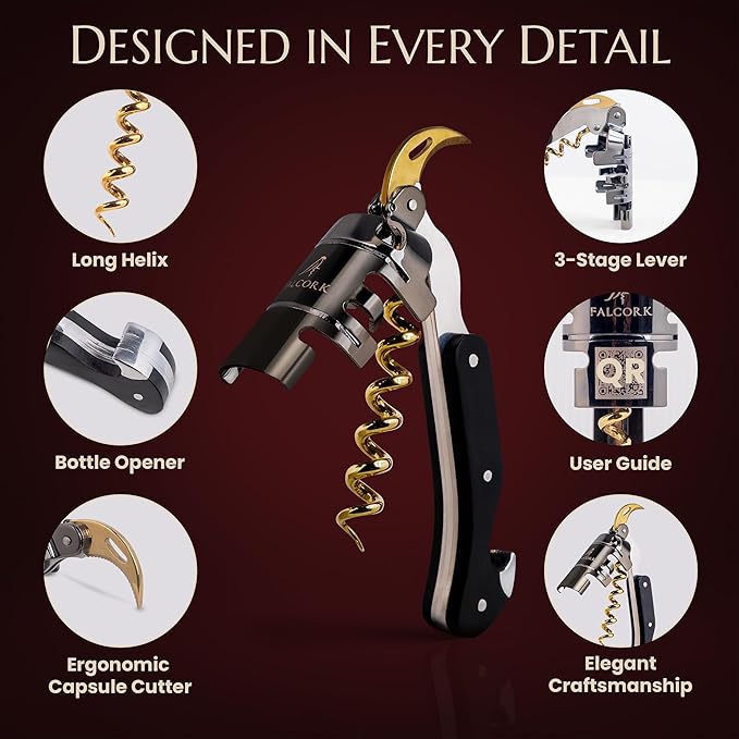 Corkscrew for Professionals FALCORK® 354 – Control – 3-Step Lever, 6-Turn Helix and Generous Wooden Handle for Maximum Smoothness and Controlled Technique on Fine Wine Corks