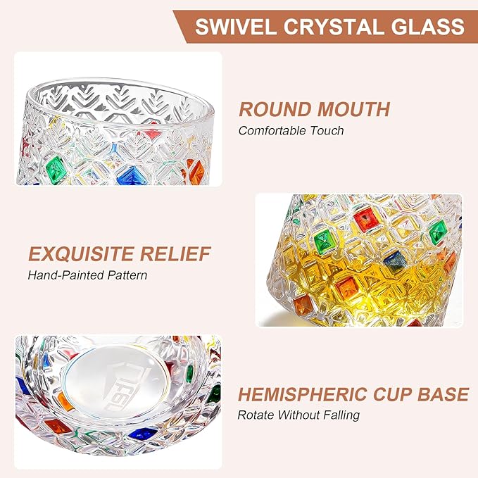 Rotatable Old Fashioned Glass, 275ml/10oz Crystal Whiskey Glass Set of 4, Wood Coaster, Thickening, Used as Rum Glass, Cocktail Cup, Coffee Cup, Milk Cup to Relax and Reduce Stress, Christmas gifts