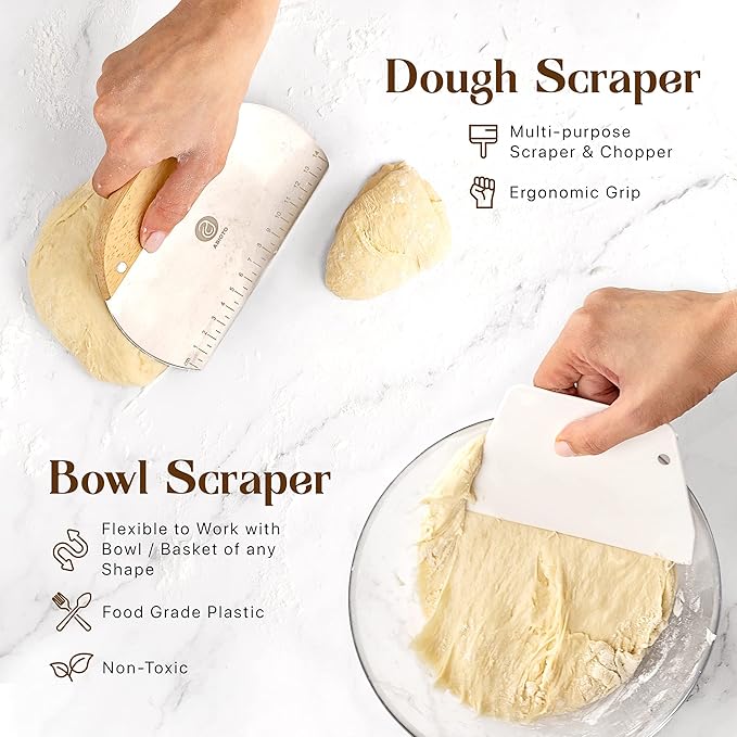 ABIOTO Sourdough Bread Baking Supplies and Bread Proofing Baskets - 9" Round & 10" Oval Indonesian Rattan Baskets, Liners, Danish Whisk, Bread Lame & Scrapers - 14 Piece Bread Making Kit for Beginners