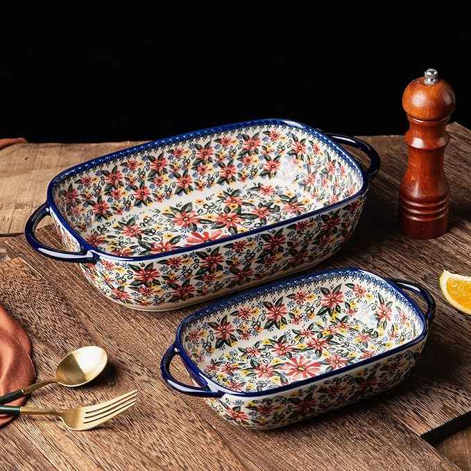 Baking Dish Ceramic Baking Pan Blue Casserole Dish Rectangular Baking Set 2pcs Bakeware Sets Single Serving Size Lasagna Pan Baking Dishes for oven (Exotic Daisy)