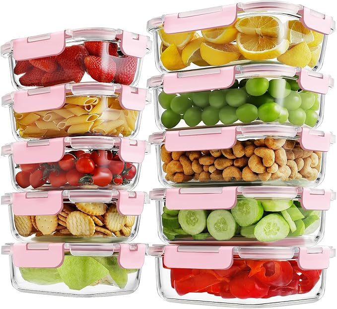 10 Pack Borosilicate Glass Meal Prep Containers with Locking Lids, Glass Food Storage Containers Set, Airtight Lunch Bento Boxes, BPA-Free & Leak Proof, 36oz & 14oz, Freezer, Oven Safe-Pink