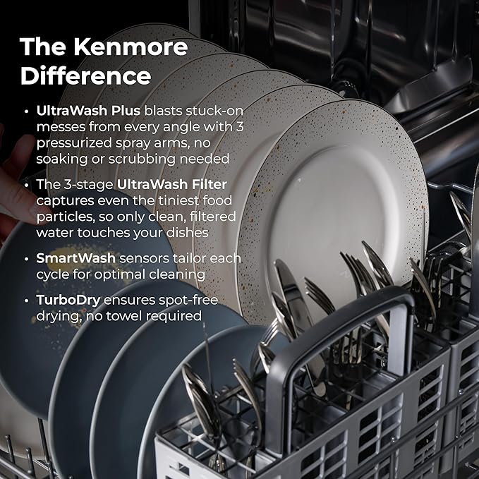 Kenmore 24" Built-In Dishwasher - Quiet Tub with TurboDry, Leak, & SmartWash Soil Detection - 15 Place Settings - 49 DBA - ENERGY STAR Certified - Black