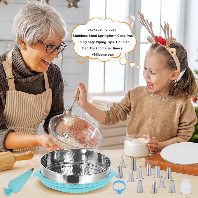 Aufind Springform Pan Set for Baking (4,7,9,10inches), 304 Stainless Steel Springform Cake Pan with Removable Bottom, Cheesecake Pan with 50PCS Parchment Paper for Pie Cake Pizza and Quiches