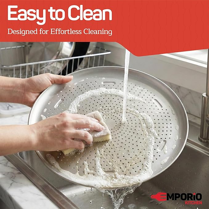 Emporio Kitchen Non-Stick Pizza Pan 2 Pack – 16 Inch Round Carbon Steel Pizza Tray with Perforated Holes, PFOAPFOSPTFE-Free, Dishwasher & Oven Safe Up To 450°F, Durable Nonstick Silver Coating