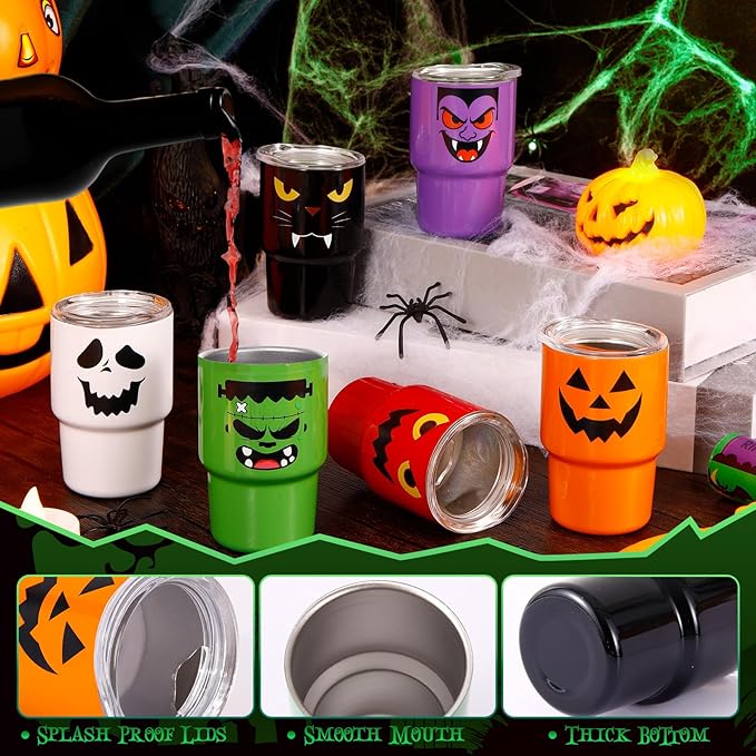 6 Pack 3 oz Halloween Shot Glasses Mini Tumblers with Straw and Lid,Pumpkin Ghost Vampire Devil Halloween Party Spooky Shot Cups Stainless Steel Vacuum Insulated Mini Cups for Cocktail Party