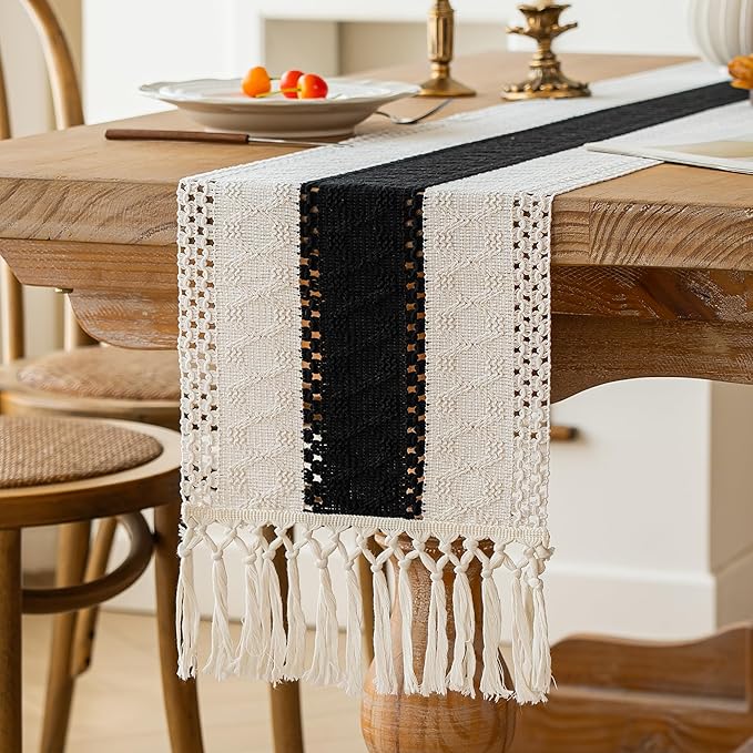 FEXIA Boho Table Runner for Home Decor with Tassels 90 Inches Long,Black Farmhouse Rustic Table Runner Macrame Burlap Table Decoration for Living Room Bridal Shower(12x90 Inches)