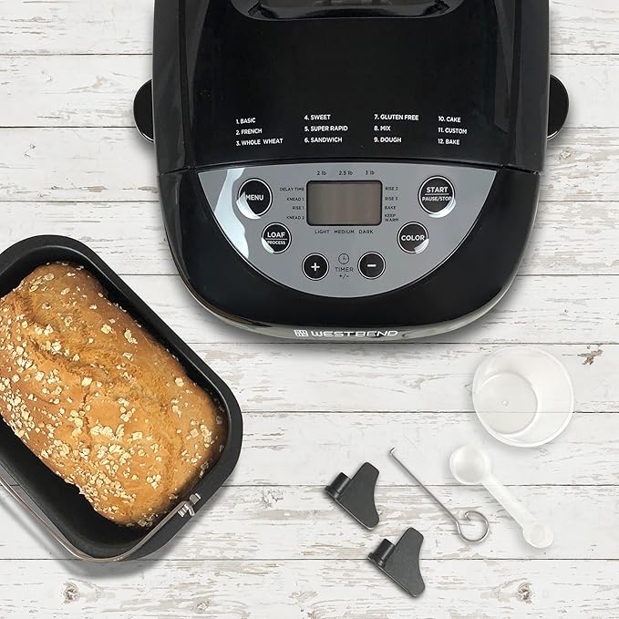West Bend Hi-Rise Bread Maker Machine Programmable 12 Programs Including Gluten Free & 3 Loaf Sizes and Crust Colors with Traditionally-Shaped Horizontal Bread Pan with Dual Knead Blades, 3-Lb, Gray