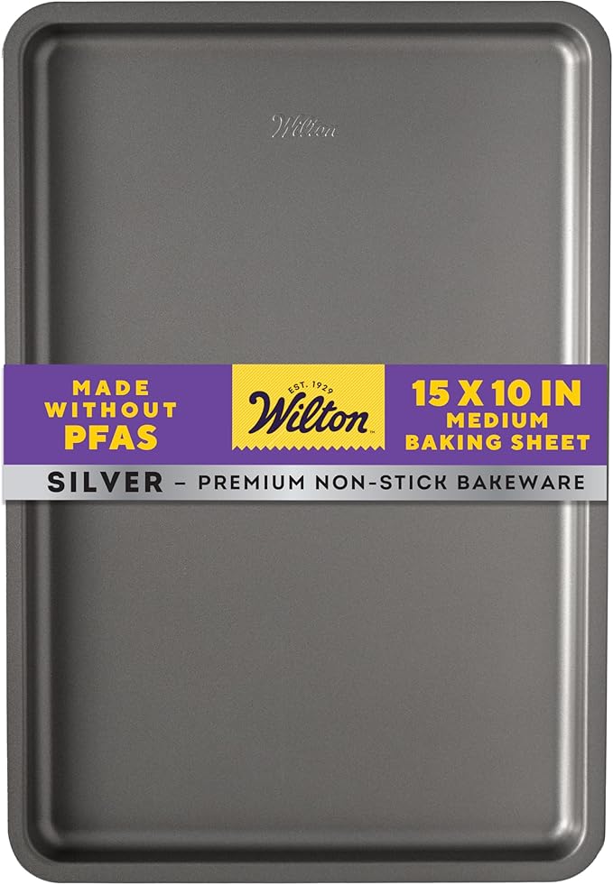 Wilton Silver Non Stick Medium Baking Sheet, 15.25 x 10.25 Inch, Cookie Sheet for Baking, Roasting, Sheet Pan Meals, Made without PFAS, Durable Steel, Even Heating
