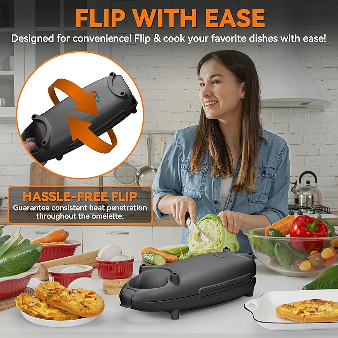 Baker’s Friend Omelette Maker Electric, Omelette Cooking Surfaces Nonstick, Frittata Pan & Egg Pan, Double Sided Pan for Breakfast, Individual Flip Omelette Makers Electric, Graphite