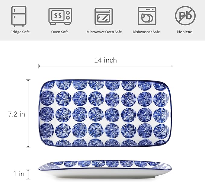 Selamica Ceramic Serving Platters, 14 Inch Serving Trays for Party Entertaining, Large Rectangular Serving Plates for Appetizer, Charcuterie, Dessert, Fruit, Set of 4, Vintage Blue