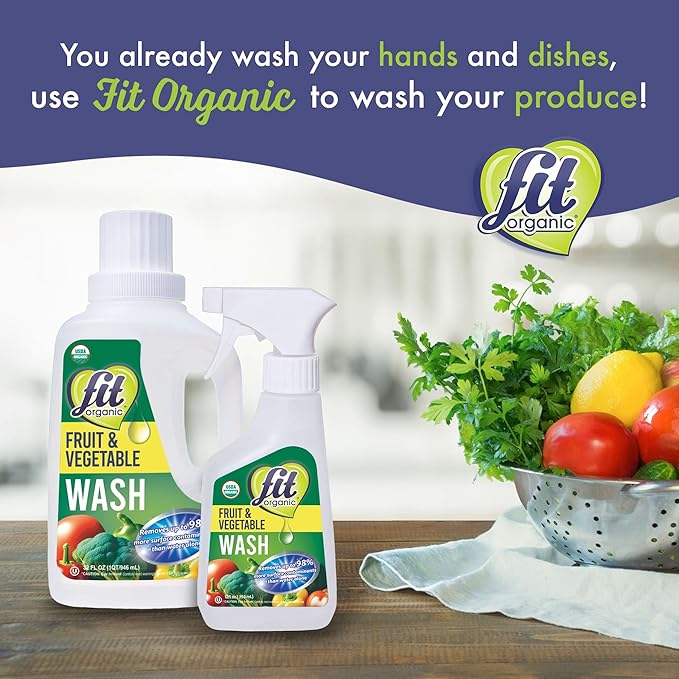 Fit Organic Soaker Produce Wash – USDA Certified Organic & Kosher Fruit and Vegetable Cleaner – Removes Surface Contaminants – Family & Pet Safe, Chemical-Free – 32 Oz (2-Pack)