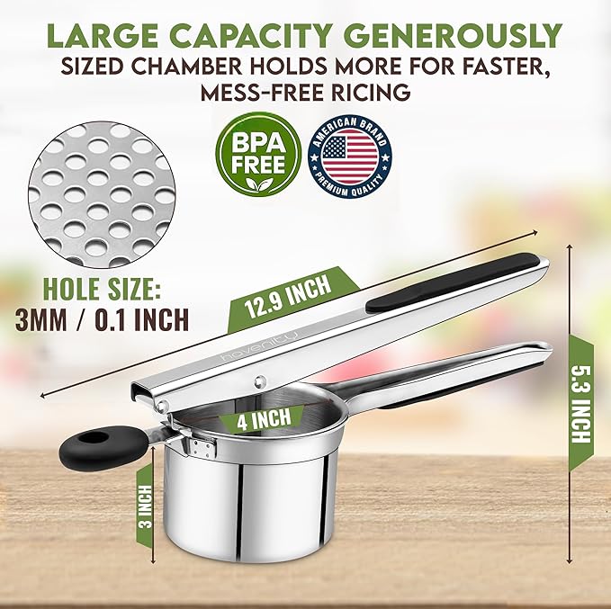 Large 15oz Potato Ricer with 3 Discs - Heavy Duty Stainless Steel Potato Masher and Ricer for Mashed Potatoes | Non Slip Baby Food Squeezer, Kitchen Gadget Tool for Food Press & Food Mill