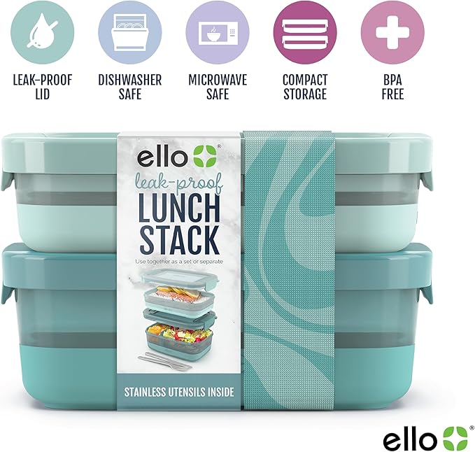 Ello 2-Pack Lunch Stack Plastic Food Storage Container Bento Box with Airtight, Leak-Proof Locking Plastic Lids and Silicone Base, BPA-Free, Freezer, Microwave, and Dishwasher Safe, Mint Chip