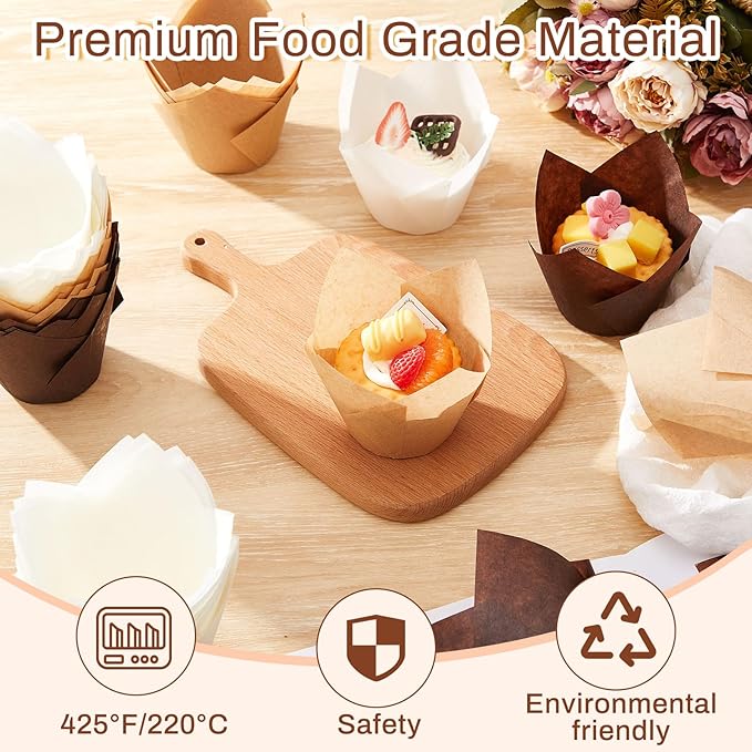 Motiskyy 600 Pcs Jumbo Muffin Liners for Baking 2-1/4" x 4" Large Tulip Cupcake Liners Greaseproof Cupcake Wrapper Paper for Weddings Birthday Christmas Anniversaries Party (Light Brown,White,Brown)