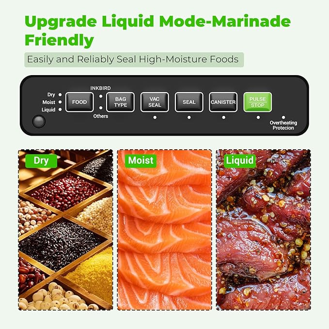 Vacuum Sealer Machine, INKBIRD Powerful 130W High Power with Liquid/Moist/Dry 6-Food Modes, Compact Food Preservation System with Cutter, Full Start Kit with Pre-cut Bags*10 (8''*11.8''), EXT-VAC