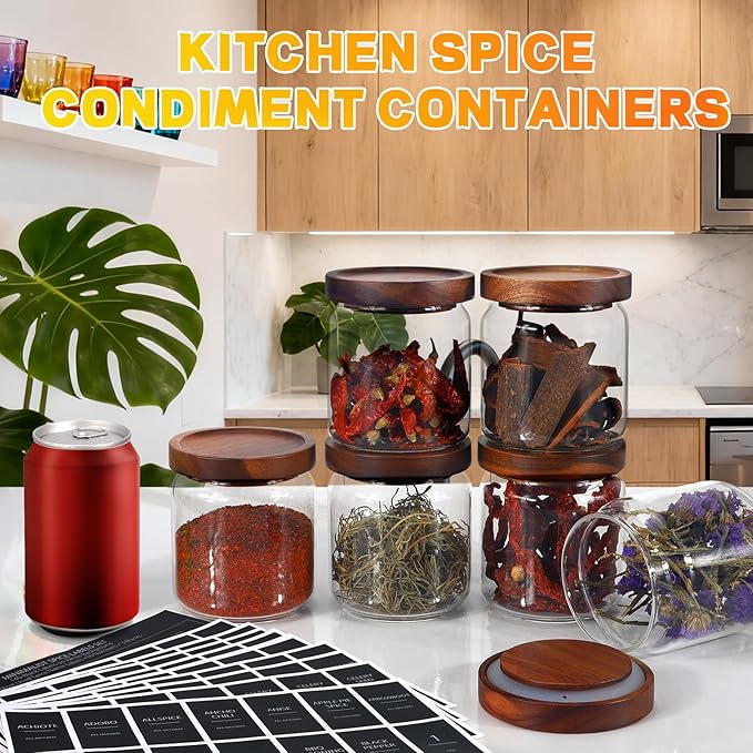 Glass Spice Jars Seasoning Containers Small Glass Jars with Lids Airtight Food Storage Canister for Kitchen Pantry Sugar Tea Coffee Bean Nuts Cookies Herbs Salt (16oz/473ml*6 pack)