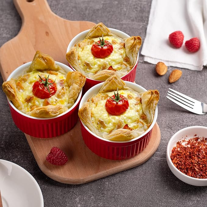 DELLING 12 oz Ramekins Set of 6 - Porcelain Creme Brulee Oven Safe Souffle Dishes, Ceramic Custard Cups for Baking, French Onion Soup Bowls - Red Ramekin Dessert Bowls, Dishwasher Microwave Safe