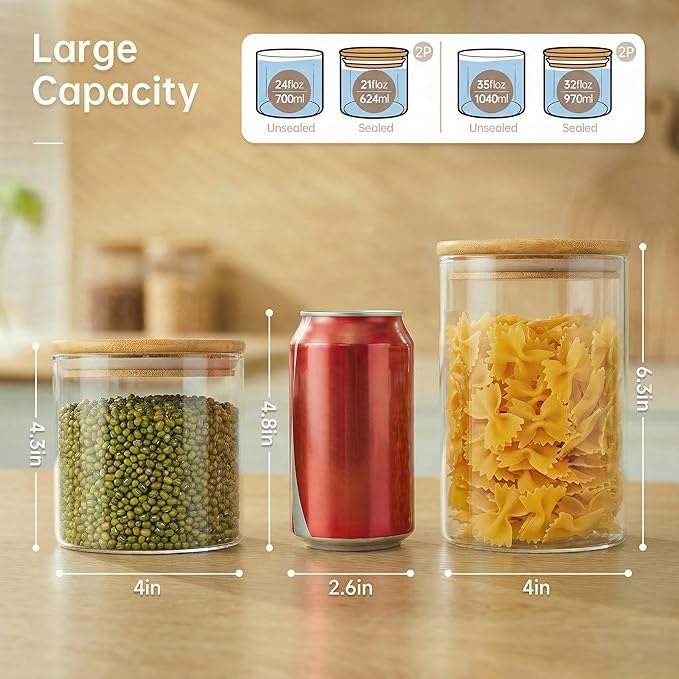 32oz & 21oz - 4 Pack Glass Jars with Bamboo Lids, Glass Pantry Storage Containers with Airtight Lids, Round Air Tigh Food Storage Canisters for Cereal, Pasta, Flour, Sugar, Best for Kitchen Organizer