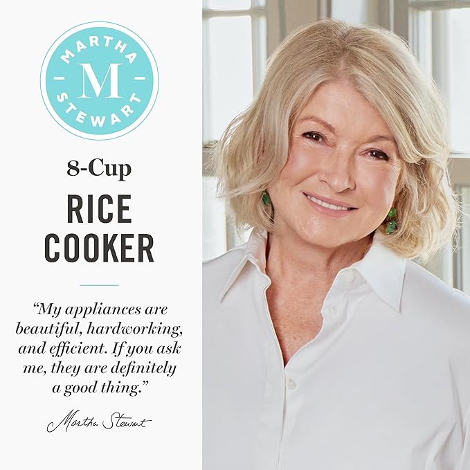 Martha Stewart Rice Cooker, 4 Cup (Uncooked) / 8 Cup (Cooked), Ceramic Non-Stick Removable Pot, Keep Warm, Measure Markings, Steam Basket, Brown & Sushi Rice, Quick Cook, Quinoa, Grains, Oats, Honeydew Green