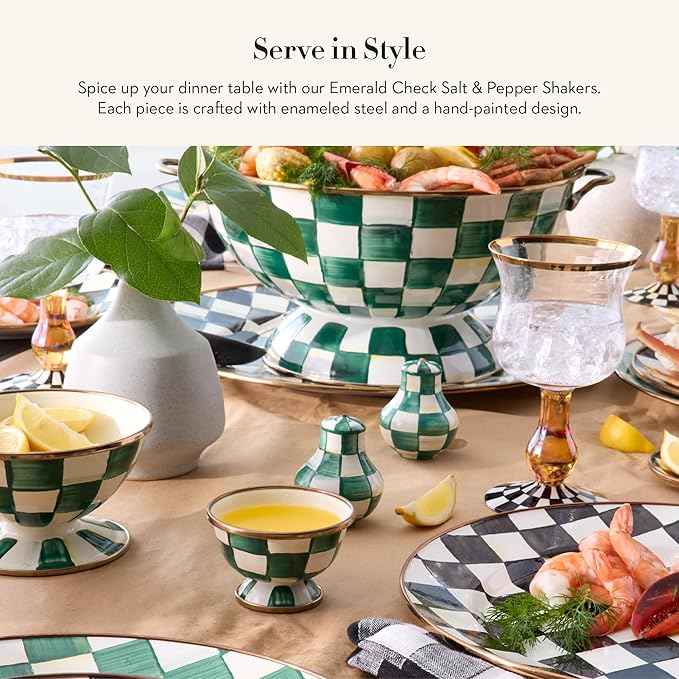 MACKENZIE-CHILDS Enamel Salt and Pepper Shakers, Kitchen Table Spice Shaker Set, Green-and-White Emerald Check, Small