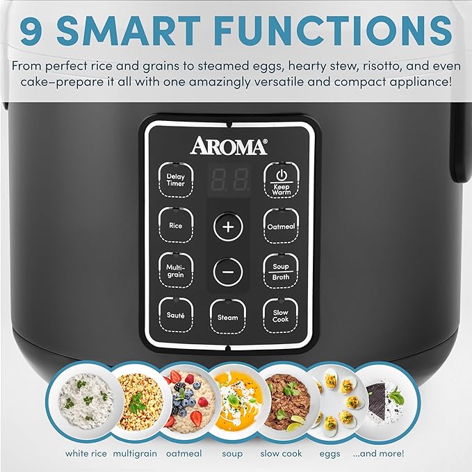 AROMA® Digital Rice Cooker, Multicooker, 6-Cup (Uncooked) / 12-Cup (Cooked), Steamer, Slow Cooker, Oatmeal Cooker, Grain Cooker, Auto Keep Warm, 3 Qt, Black, ARC-966BD