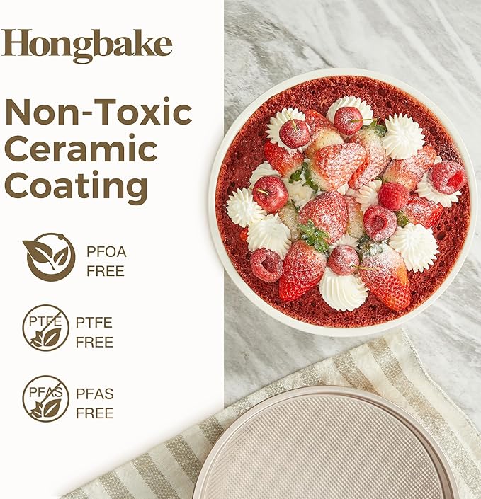 HONGBAKE Nonstick Ceramic 9 Inch Round Cake Pan Set of 2, Heavy-Duty Aluminized Steel round cake pans with Diamond Texture, Non-Toxic Cake Molds, Cake Pans Sets for Baking Cheesecake, Cream