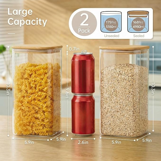 Extra Large Square Glass Flour & Sugar Storage Containers with Airtight Lids, 168 floz - 2 Pack Glass Jars with Bamboo Lids for Pantry, Air tight Food Storage Containers for Cereal, Pasta, Rice