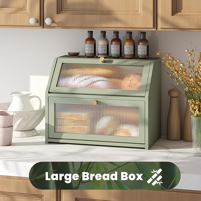 Green Bread Box for Kitchen Counter, Large Bamboo Wood Double Layer Bread Box, Wooden Bread Storage Capacity