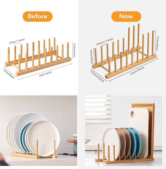 HBlife Heighten and Widen Bamboo Dish Drying Rack Plate Bowl Cup Book Pot Lid Cutting Board Stand Drainer Storage Holder Organizer for Kitchen Cabinet