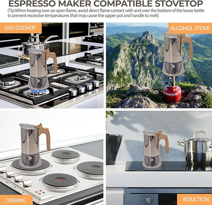 Uncoated 2 Cup Moka Pot 304 Thickened Stainless Steel Coffee Maker Stovetop Espresso Coffeemaker Italian Classic Style Brewing Greca Cafe Mocha Machine for Cafeteras Camping Travel Home 100ml 3.3oz
