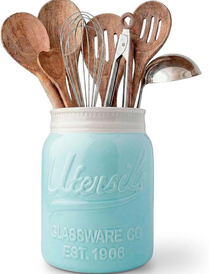 Comfify Wide Mouth Mason Jar Utensil Holder Decorative Kitchenware Organizer Crock, Dishwasher Safe - Kitchen Caddy Aqua Blue for Countertop, Large Size 7" Hight