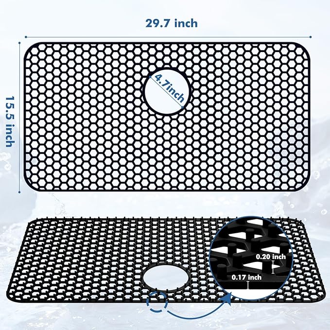 Bestjing Silicone Sink Protectors for Kitchen Sink with Rear Drain - 29.7"x 15.5" Kitchen Protector Accessory, Non-Slip Heat Resistan Mat for Bottom of Farmhouse Stainless Steel Porcelain (Black)