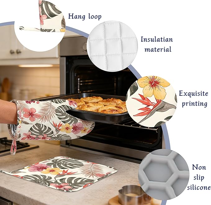 Palm Leaf Oven Mitts and Pot Holders Tropical Hibiscus Flower Silicone Kitchen Accessories Set of 4 Heat Resistant Non-Slip Long Gloves Potholder for Chef Cooking Baking Gifts Women Men