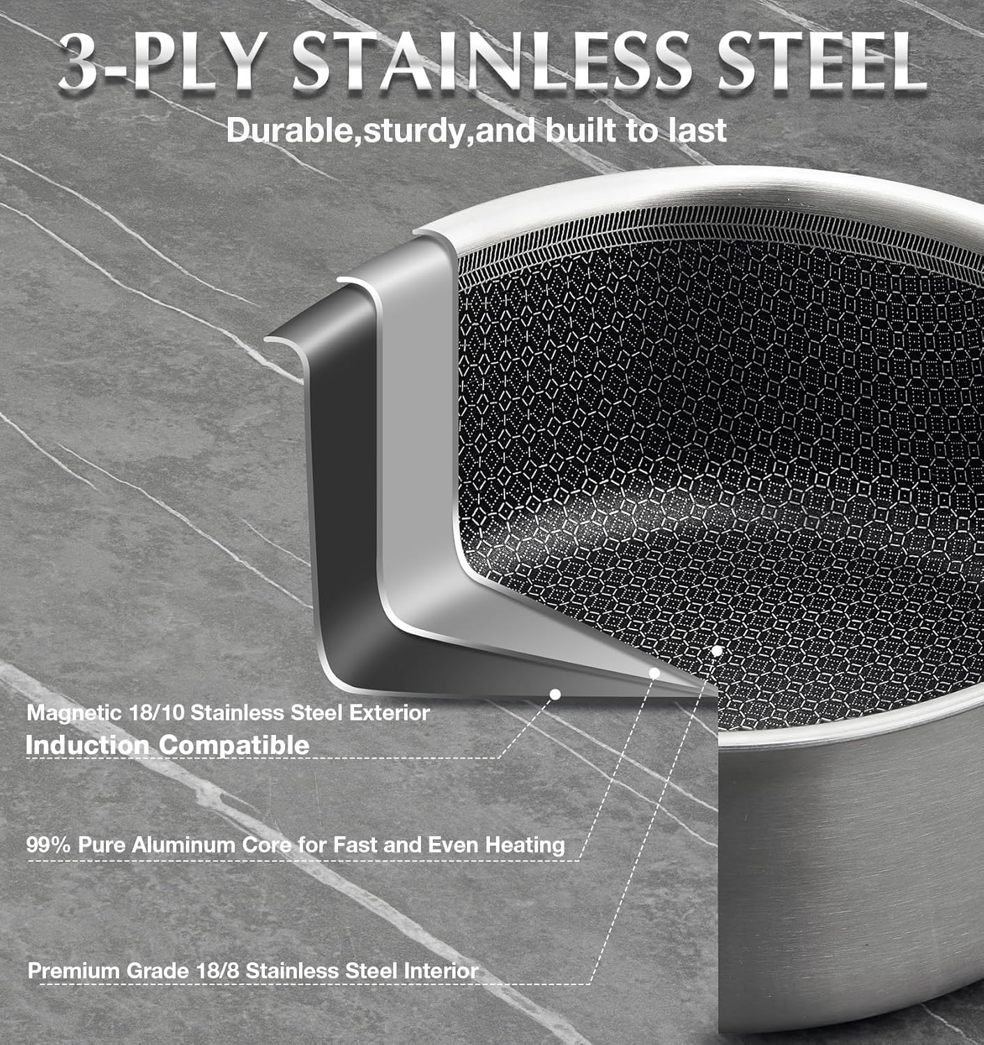 KOCH SYSTEME CS Hybrid Nonstick Stainless Steel Saucepan Set with Steamer Insert, 7PCS Triply Stainless Steel Pot Set 1Qt, 2Qt & 3Qt, 18/10 Steel Sauce Pan Set with Lids, Induction & Oven Safe
