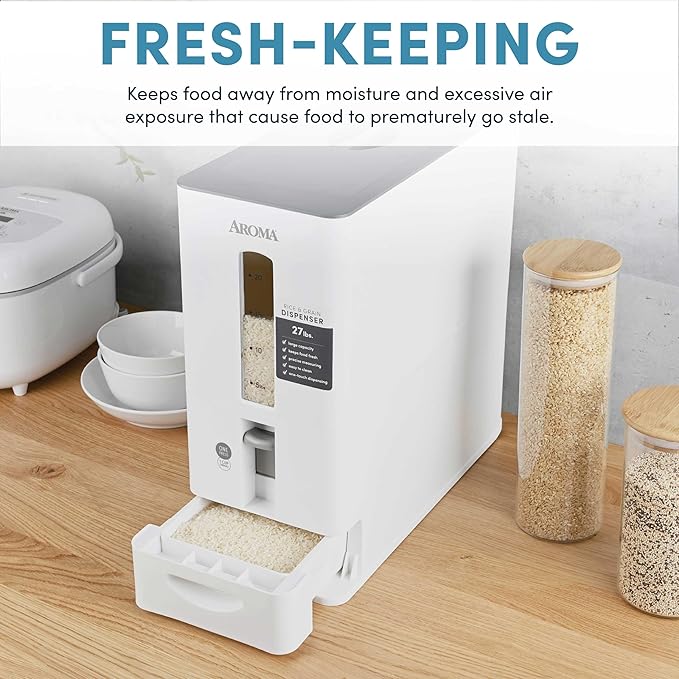 Aroma Housewares 27lbs Large Rice Dispenser, 7.25 x 16.5 x 16.5 inches, White