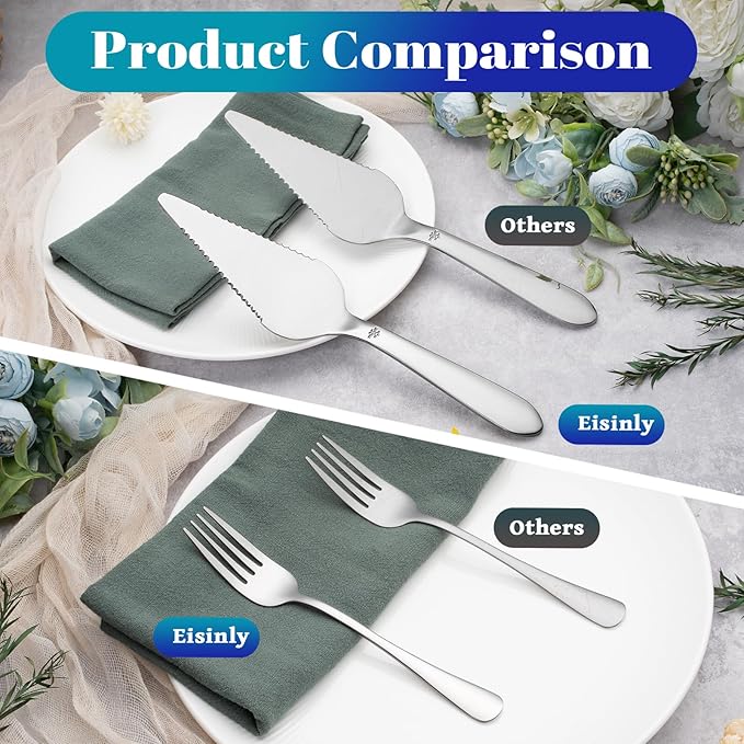 Eisinly 1 Pcs Cake Pie Server and 4 Forks Set for Wedding, Elegant Pizza Slicer Server Set with Stainless Steel Big Serrated Edges, Cake Cutter Pie Spatula for Birthday Anniversary, Silver